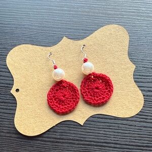 Handmade Elegant Red with Pearl Christmas Crochet Earrings